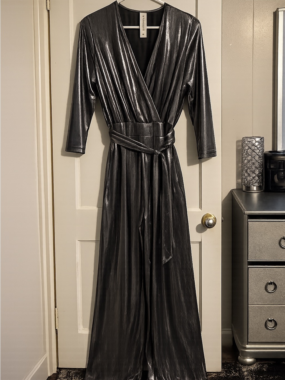 Metallic Silver Wrap-Front Jumpsuit